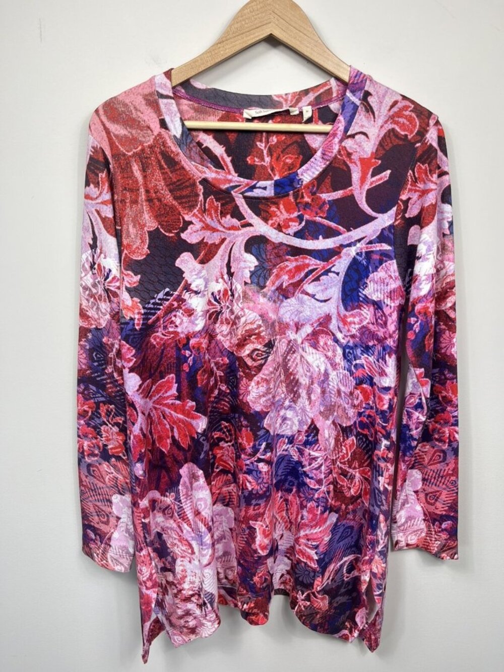 Soft Surroundings Top Womens M Pink Purple Floral Tunic Long Sleeve